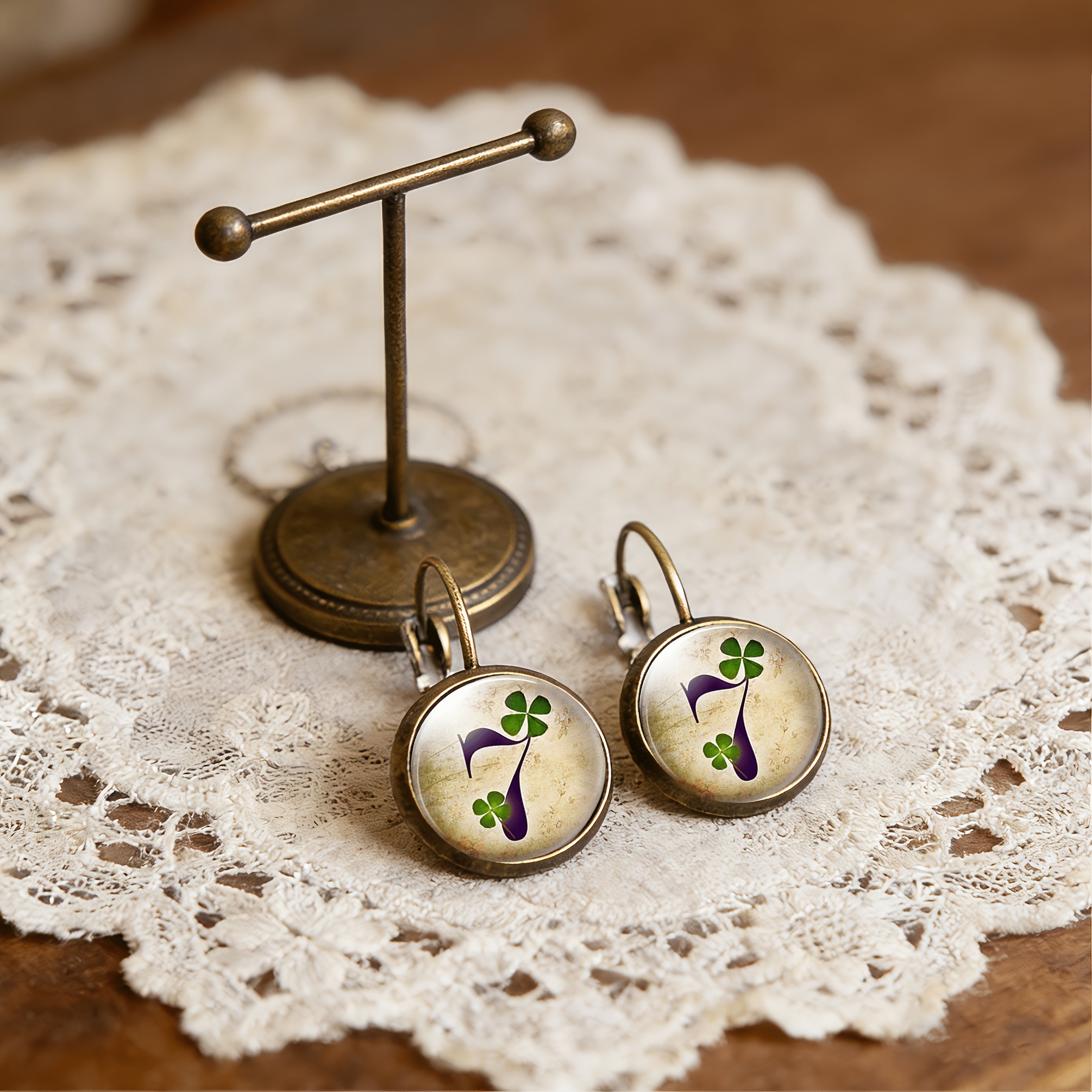 2pcs Cyan Round Classical Clover Earrings with Numbers